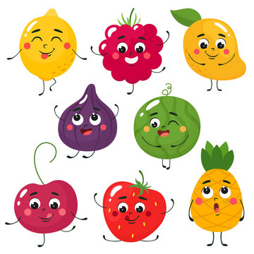 Set of cute cartoon fruits. Vector isolates in cartoon flat style on a white background.