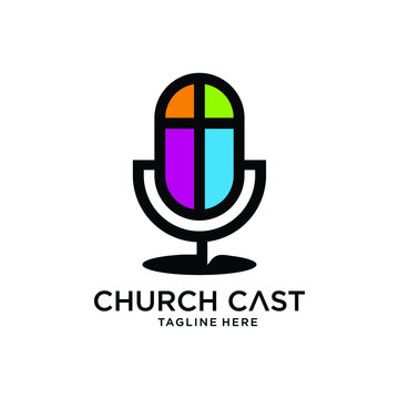 vector illustration logo church with microphone or podcast logo design concept
