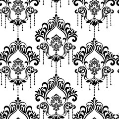 Damask white and black ornament.Traditional pattern.Decorative element eastern tracery.Floral ,victorian,baroque,Indian design. Texture for arabic wallpapers.