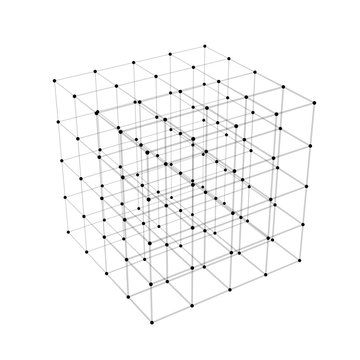 Abstract cube of dots on dark background. Partial particles. 3d.Vector illustration. Global network concept. Big data icon.