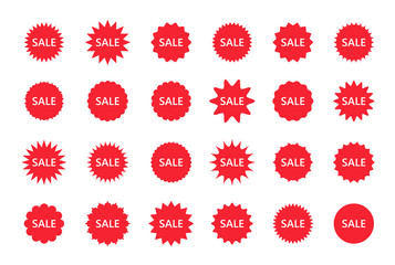 Set of sale star burst price stickers. Vector discount stamps, promo boxes. Res round splash badges. Tag product labels. Set of starburst shapes isolated on white background. Flat illustration.