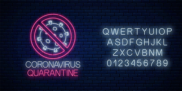 Coronavirus quarantine neon sign with alphabet. COVID-19 virus caution symbol in neon style. Coronavirus outbreak stop icon. Vector illustration. Shiny world pandemic alert design