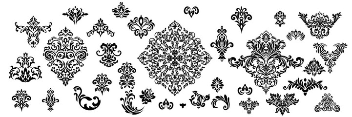 Damask white and black ornament.Traditional pattern.Decorative element eastern tracery.Floral ,victorian,baroque,Indian design. Texture for arabic wallpapers.