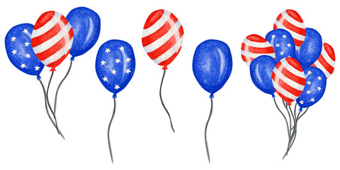 Patriotic Balloon. 4th of july America celebration party watercolor Independence day of the USA decoration. Blue Red Stars stripe American flags in kind of balloons