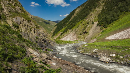 The valley of kvakhidistskali river in georgian Caucasus. Omalo Shatili trek.