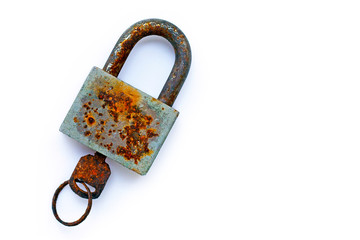 Old rusty lock and key on white background.