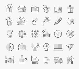 Icon set for coronavirus COVID-19 quarantine, remote working, food delivery, prevention measures