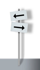 Sparse 3d design with signpost and arrows pointing in opposite directions, indicating a choice or dilemma.