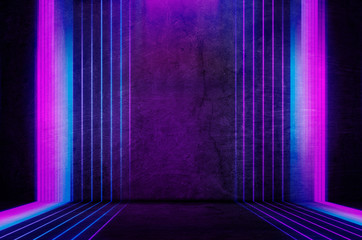 Empty background scene.  Rays of neon light in the dark, neon figures, smoke. Background of empty stage show. Abstract dark background.