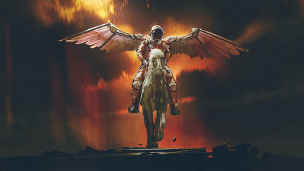 sci-fi concept of the astronaut with wings riding a horse on dark background, digital art style, illustration painting - obrazy, fototapety, plakaty