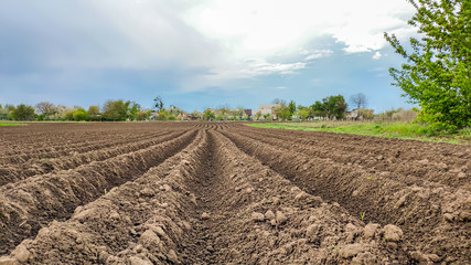 Rural landscape. Arable land. Cinematic views of plowed land in the countryside on the background of trees and houses
