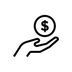 save money icon, salary money, invest finance, hand holding dollar  symbols in outline style on white background