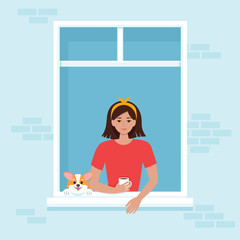 Woman and her dog looking from window. Social isolation during pandemic, stay home concept. Vector illustration in flat style