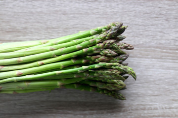 Fresh asparagus on a table. Top view.