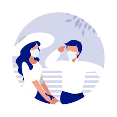 Woman and man with mask on bench at park vector design