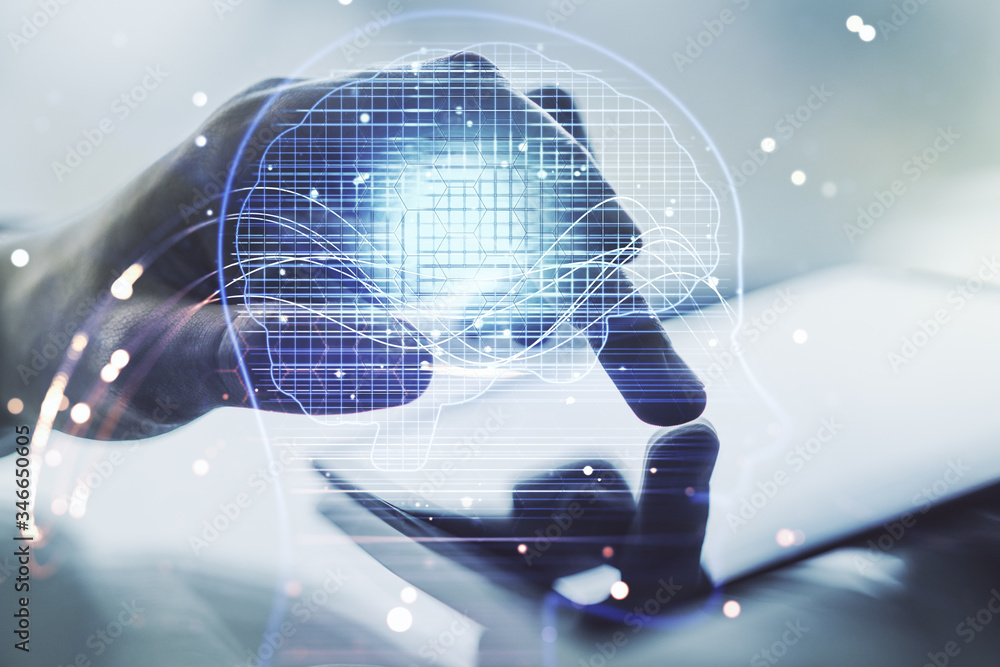Poster double exposure of creative artificial intelligence symbol with finger clicks on a digital tablet on