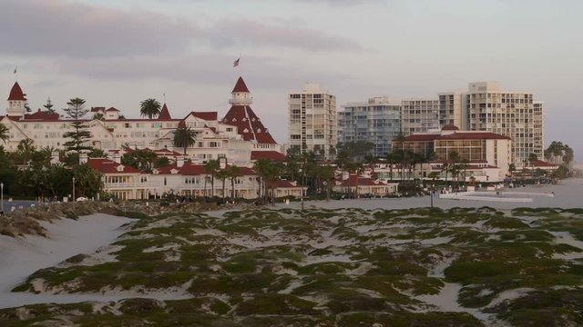 Aerial Drone footage of empty Coronado Beaches during the Covid and Coronavirus lockdown. San Diego, California, USA.