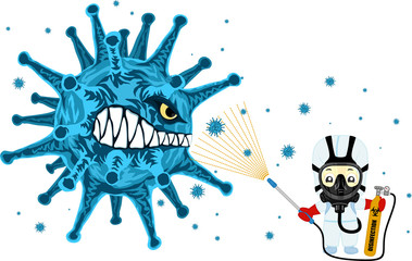 vector medical scientist in hazmat suits cleaning and disinfecting angry coronavirus epidemic MERS-CoV. Concept wuhan 2019-nCoV pandemic health illustration.