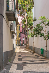 One of the narrow streets with typical Portuguese pavement in Funchal, Madeira