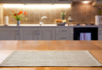 blurred kitchen interior  and desk space home background