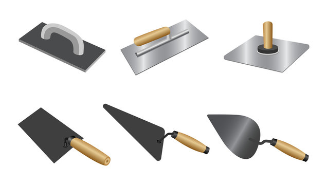 Set putty knife with wood handles. Isometric set of putty knife vector icons