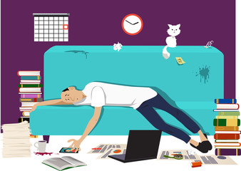 Exhausted man working from home lying on a couch with business tools, electronic devices and books, EPS8 vector illustration