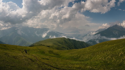Fototapeta premium Wonderful view on Khidotani ridge in Khevsureti national park in georgian Caucasus. Omalo Shatili trek.