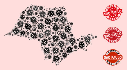 Outbreak collage of covid-2019 mosaic Sao Paulo State map and grunge stamps. Vector red watermarks with corroded rubber texture and Outbreak Warning caption.