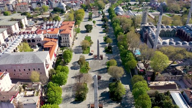 Aerial View of Obelisk of Theodosius, Walled Obelisk, German Fountain from Istanbul Turkiye.
