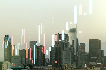 Fototapeta premium Multi exposure of virtual abstract financial graph interface on Los Angeles cityscape background, financial and trading concept