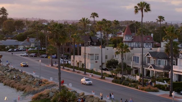 Aerial Drone footage of the neighborhoods of Coronado and empty beaches with San Diego in the Background during the Covid and Coronavirus lockdown. San Diego, California, USA.