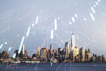 Multi exposure of abstract financial diagram and world map on Manhattan office buildings background, banking and accounting concept