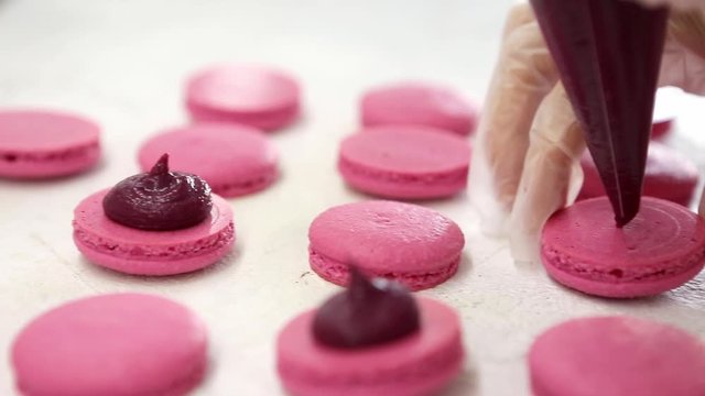 Process of making macaron macaroon, french dessert, squeezing the dough form cooking bag