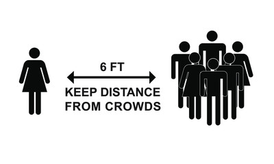 Social distancing illustration silhouettes of people standing in large group and a person standing 6ft away, Covid-19 outbreak prevention. 