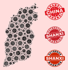 Outbreak composition of infection mosaic Shanxi Province map and unclean seal stamps. Vector red imprints with corroded rubber texture and Outbreak Warning caption.