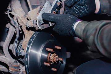 Fototapeta na wymiar installing a new brake disc in the car. repair of brake systems.