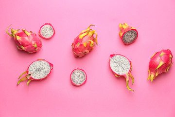 Tasty dragon fruit on color background