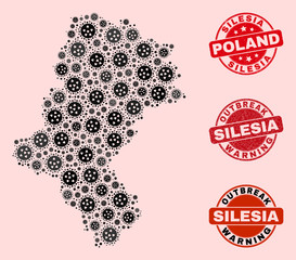 Outbreak collage of virus mosaic Silesian Voivodeship map and rubber stamps. Vector red watermarks with corroded rubber texture and Outbreak Warning caption.
