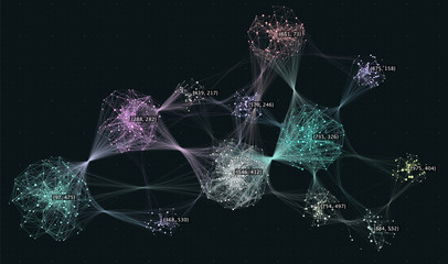 Big data visualization. Cluster computing network. Social media connections. Web of connected nodes.