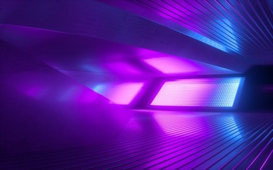 3d render, abstract neon light background, glowing panels in ultraviolet light, futuristic power generating technology - obrazy, fototapety, plakaty