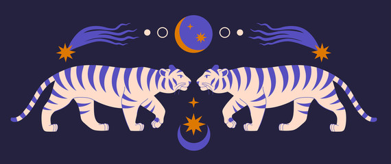 Modern abstract art print with cute chinese tigers, stars, comets, crescent moon. Boho asian style. Cosmic minimalistic scene. Isolated elements. Protect wild animals poster. Magic mystery concept.