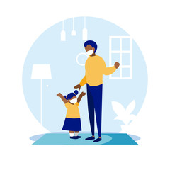 Father and daughter with masks at home vector design