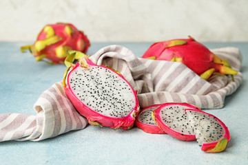 Tasty dragon fruit on table