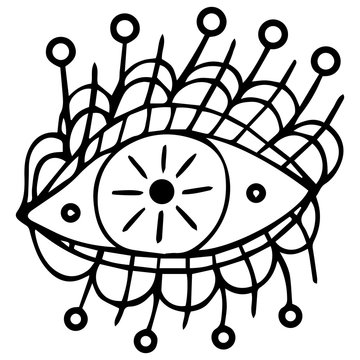 Black-white vintage magic all-seeing eye with the sun in the pupil. Isoteric divine symbol hand-drawn. Tattoo, coloring book, logo, print. Vector.