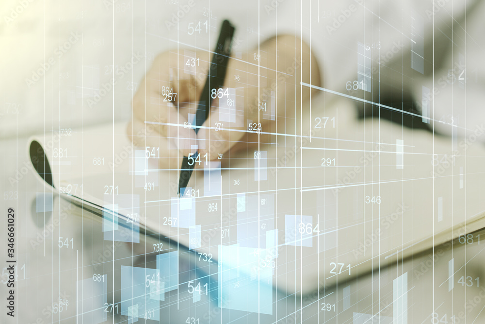 Poster Multi exposure of abstract graphic data spreadsheet sketch with man hand writing in diary on background, analytics and analysis concept