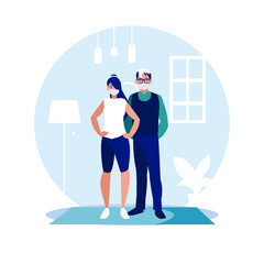 Woman and man couple with masks at home vector design