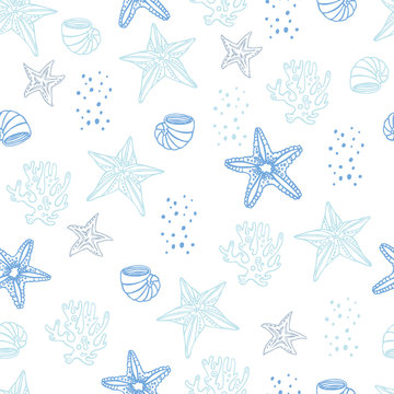 Seamless marine reef pattern with seashells, coral, and starfish. For fabric, textile, linens, invitations, prints. Hand drawn vector background. 