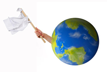 Hand holding white flag asking help surrender from planet earth concept.World crisis concept.