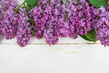 Spring flower landscape. Spring blooming spring flowers on a white wooden background. Colorful flowers in spring. Lilac. Banner a lot of space for text.