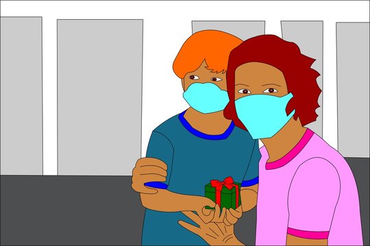 Mother and son celebrating mother's day wearing mask during quarantine